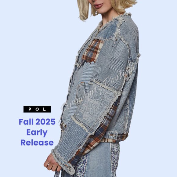 POL Distressed Grunge Denim Flanel Plaid Floral Patch Zipper Front Jean Jacket - Picture 2 of 10